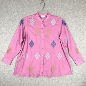J Jill Embroidered Lagenlook‎ Tunic Top Pink Button Medallions PS Petite Small
